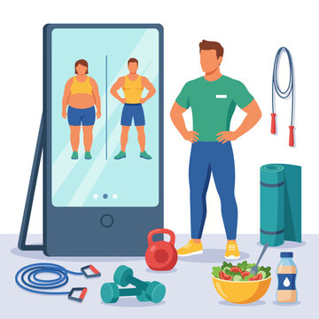 This illustration showcases a fitness journey with a digital device reflecting transformation, highlighting health, motivation, and the use of technology in personal fitness goals.