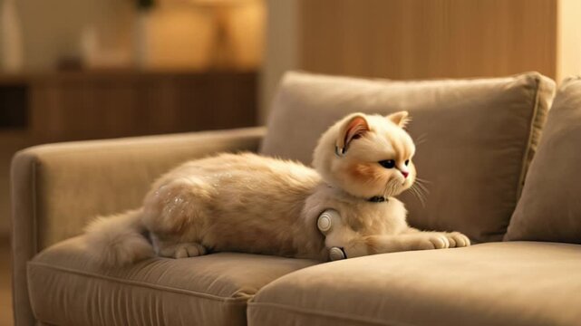 Fluffy Lifelike Robot Cat Stretching Elegantly on a Plush Minimalist Sofa with Gentle Warm Indoor Lighting Illuminating Soft Purring