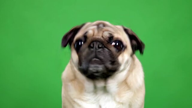 A cute pug dog with a curious expression looking at the camera against a green screen background for chroma key compositing.