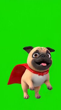 A cute 3D animated pug dog wearing a vibrant red superhero cape flying through the air against a solid green screen background for easy chroma key compositing in video production.