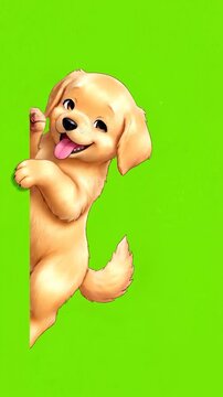 Adorable cartoon puppy peeking from the side with a happy expression and glowing sparkles on a vertical green screen background for chroma key video editing.