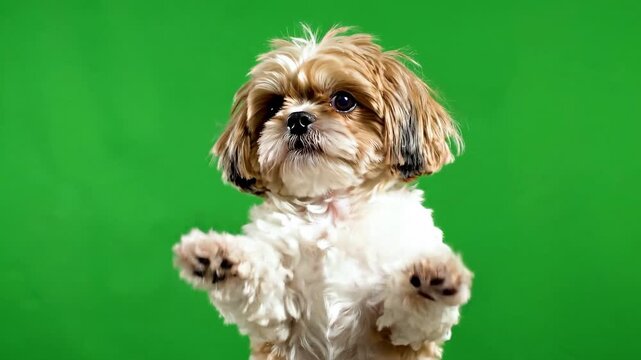 A cute small Shih Tzu dog standing on its hind legs with paws up against a green screen background for chroma keying.