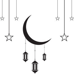 Islamic crescent moon with hanging stars and lanterns PNG , minimalist Ramadan Eid decoration vector 2026 © naheed