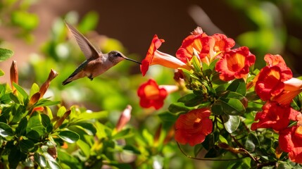 Hummingbird Hovering Near Bright Red Trumpet Flowers in Sunlit Garden