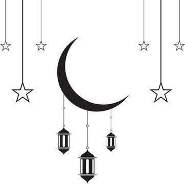 Islamic crescent moon with hanging stars and lanterns PNG , minimalist Ramadan Eid decoration vector 2026