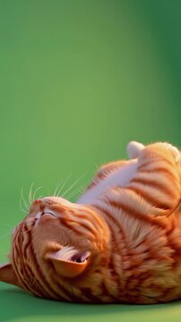 Adorable ginger tabby cat lying on its back and sleeping peacefully against a vibrant green background in a vertical studio shot.