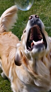Happy Golden Retriever dog playing with soap bubbles on a vibrant green lawn during a sunny day outdoors.