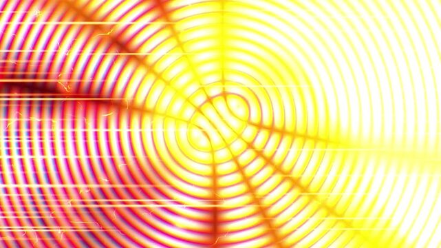 Radiant rings pulse in warm reds and golds. Lines blur as light explodes outward in rhythmic waves