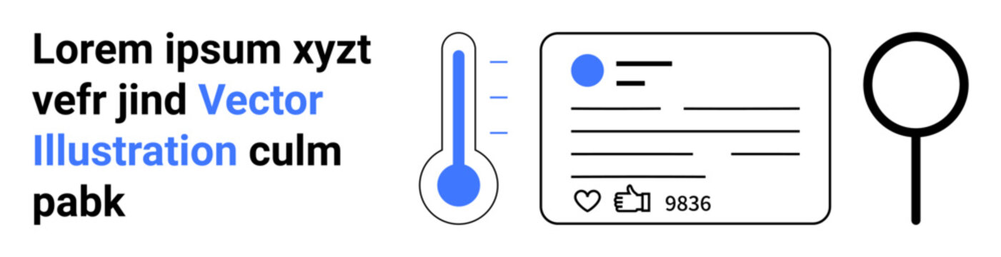 Data analytics, user engagement, feedback tracking, online interaction, social media insights, digital tools. A thermometer, user profile card with thumbs ups and a magnifying glass. Data analytics