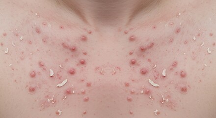 Fototapeta premium A close up view of severe acne breakouts on a person's chest with skin peeling and inflammation.