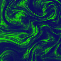 Fototapeta premium Abstract neon green and dark blue marble liquid texture with flowing swirls of light and organic smoke effect background
