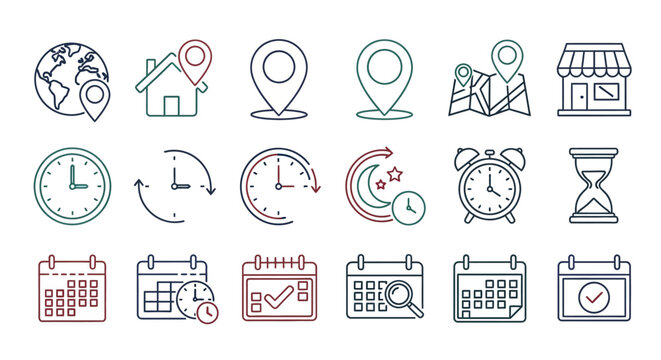 Collection of icons representing time management, scheduling, planning, and organization for business or personal use