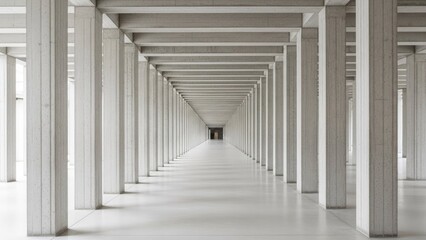 Fototapeta premium A long, empty corridor with white concrete pillars and beams