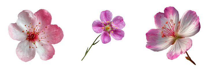 Naklejka premium Set of Single cherry blossom flower in full bloom, delicate pink and white petals on transparent png background. Ai generated