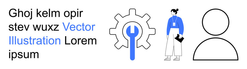 Obraz premium Business processes, teamwork, human resources, industry tools, workforce management, automation. Gear and wrench with a human figure and silhouette. Teamwork and industry tools concept