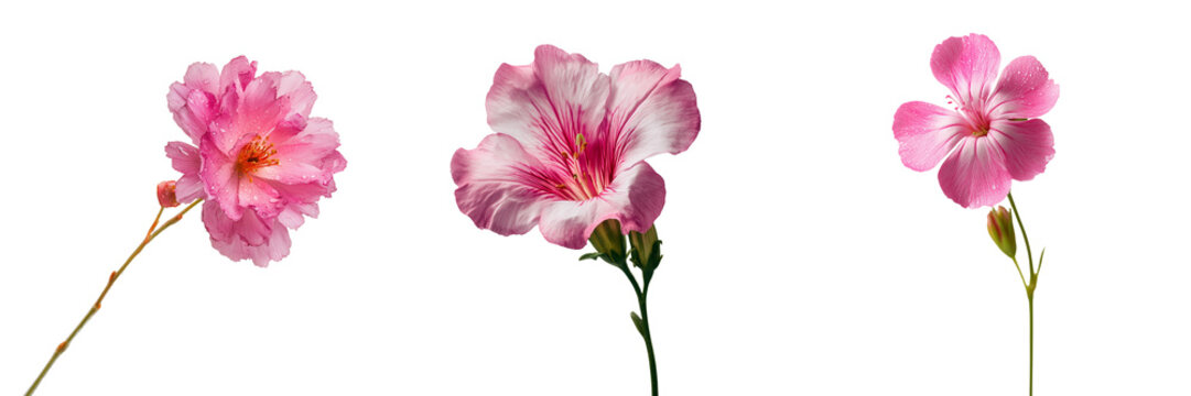 Set of Single pink geranium flower, cutout and placed on transparent png background. Ai generated