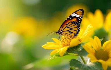 Obraz premium Butterfly Resting on Bright Yellow Sunflower in Summer Garden Bliss