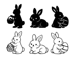 Easter Bunny Silhouette Collection Featuring Solid, Outline with Basket, Egg, and Sitting Poses for Spring and Holiday Themes 