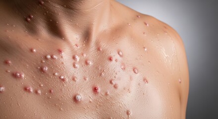 Fototapeta premium A close-up view of a human torso covered in painful red skin lesions and blisters from a viral rash