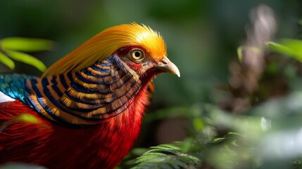 Fototapeta premium Close-Up of a Golden Pheasant Showcasing Its Vibrant Colors and Detailed Feathers