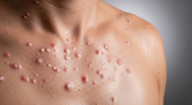A close-up view of a human torso covered in painful red skin lesions and blisters from a viral rash