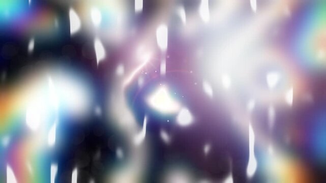 Blurred light bursts dance across deep hues. Rainbow glows pulse through darkened space. Sparkles swirl like living firework trails.
