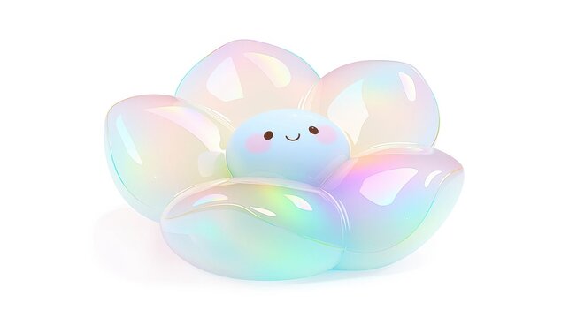 A puffy 3D iridescent flower with a smiling face in the center, featuring soft holographic petals and a minimalist kawaii aesthetic.