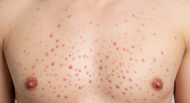 A close up view of a person torso showing a severe skin rash with numerous red inflamed papules