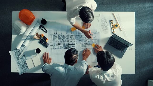 Top down aerial view of interior designer writing at sticky note while planning design with engineer team. Group of diverse architect and skilled manager looking building construction. Alimentation.