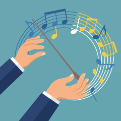 Illustration of a conductor's hands leading the orchestra with musical notes flowing around, evoking creativity, harmony, and the joy of music through dynamic visuals. © Jingzhan