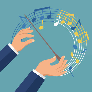 Illustration of a conductor's hands leading the orchestra with musical notes flowing around, evoking creativity, harmony, and the joy of music through dynamic visuals.