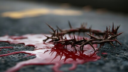 Fototapeta premium A crown of thorns lies on the ground with blood spilled around it symbolizing the crucifixion of Jesus Christ