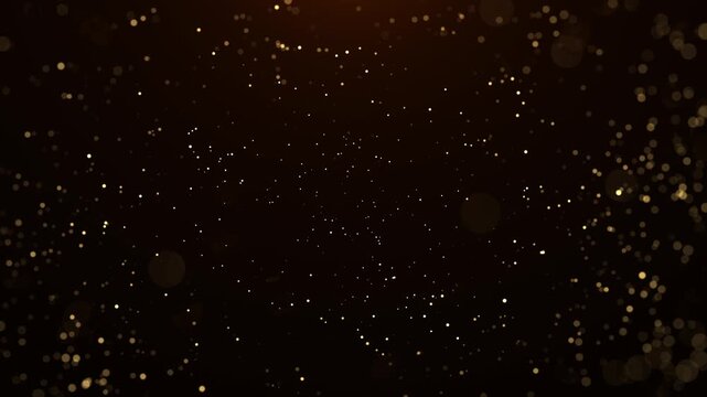Elegant golden particles drifting through a dark background creating a sparkling bokeh atmosphere. Abstract festive animation ideal for celebration, luxury themes, holiday visuals, and elegant backgro