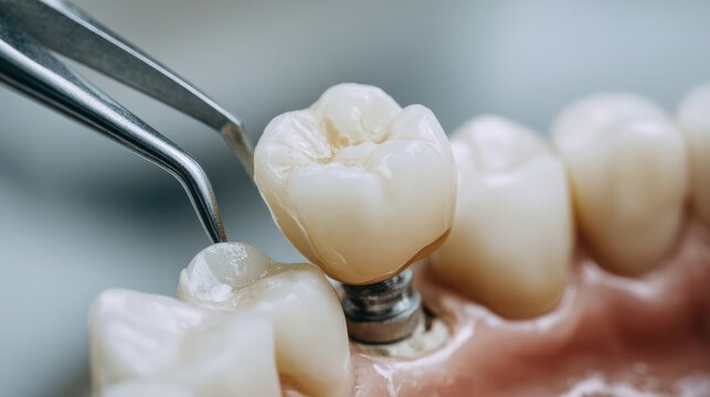 A dentist installing ceramic dental crown prosthesis.