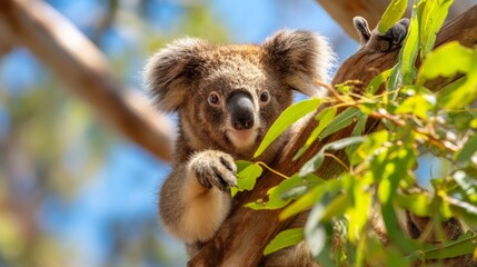 Fototapeta premium Adorable Koala Clinging to Eucalyptus Tree Branch in Sunny Australian Environment