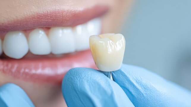 A dentist installing ceramic dental crown prosthesis.