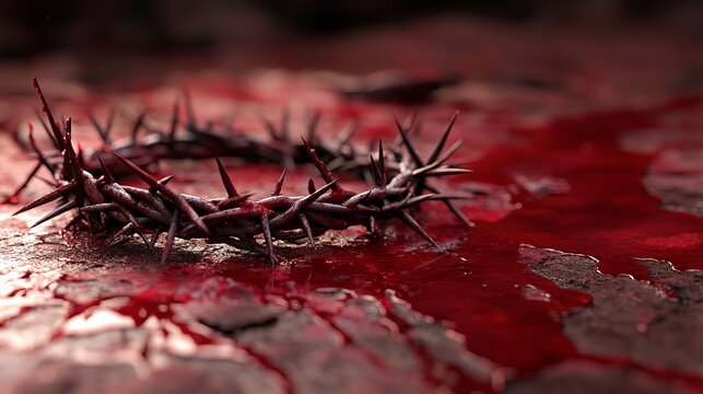 A crown of thorns lies on a bloody surface, symbolizing the crucifixion of Jesus Christ on Good Friday.