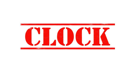 Obraz premium Red grunge stamp with the word clock and horizontal lines design isolated png