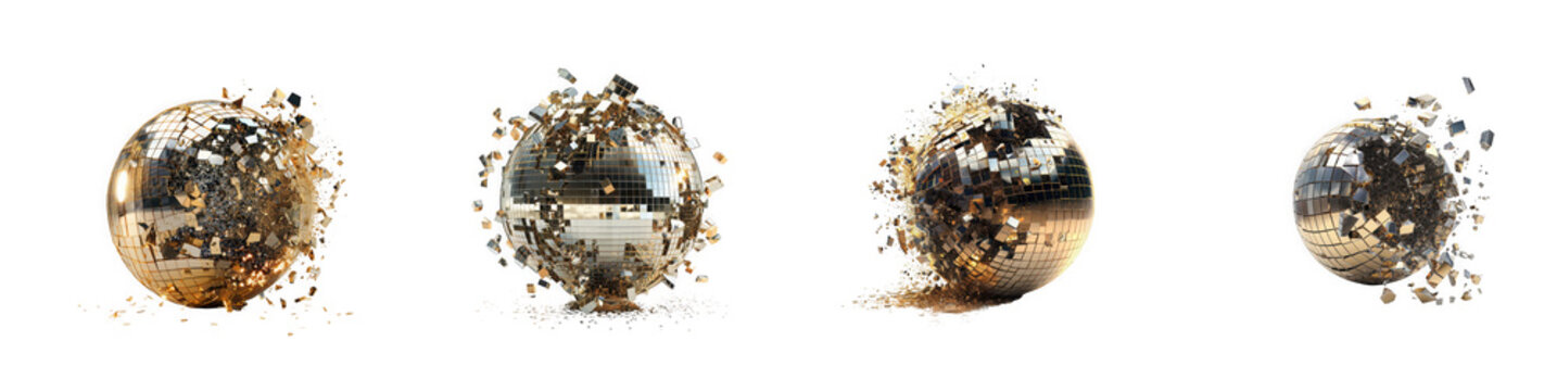 Golden Disco Ball Exploding into Fragments Isolated on White for Celebration and Event Design isolated on transparent background