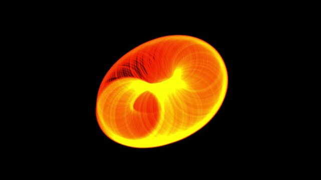 Luminous ring swirls in fiery orange and yellow. Form spirals inward, creating a glowing vortex.