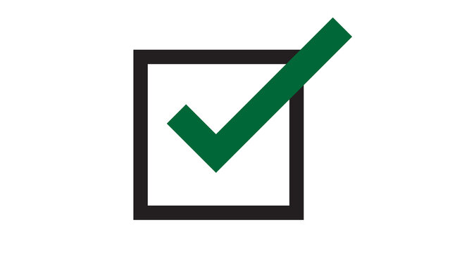 Green checkmark inside a black square border, simple icon for correct, approved, and completed tasks on a white background, check mark