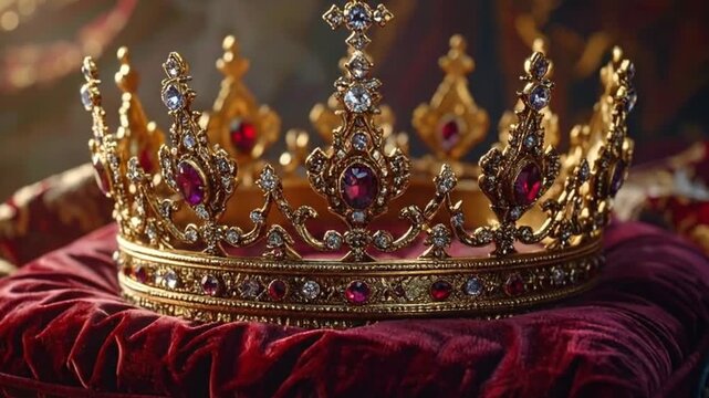 A regal golden crown adorned with jewels rests upon a luxurious red velvet cushion, symbolizing royalty.