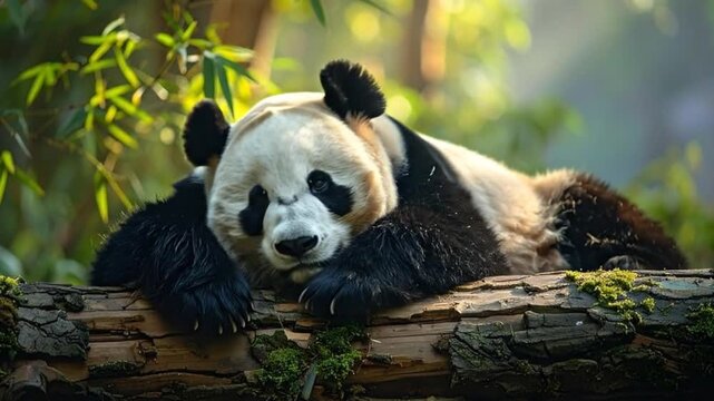 A giant panda rests peacefully on a fallen log in a lush, green forest, enjoying the sunlight.