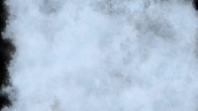 Cascading water vapor drifts upward against a stark backdrop. Soft clouds swirl slowly, obscuring the horizon's edge