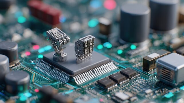 Miniature robotic arms interact with a central processing unit mounted on a complex electronic circuit board