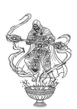 Dark Necromancer Casting Magic Over Ritual Bowl &ndash; Fantasy Mage Character Vector Line Art