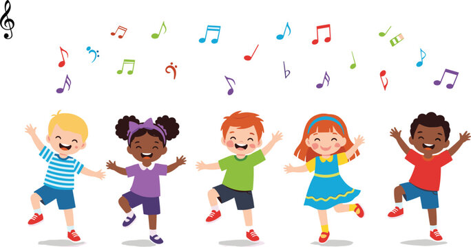 Diverse group of happy cartoon children dancing and singing with colorful music notes, kids musical education vector illustration, white background.