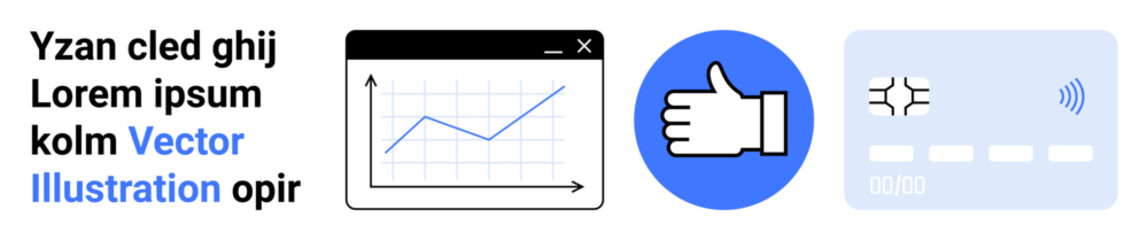 Obraz premium Business analytics, social media engagement, cashless payments, financial tech, marketing trends, online transactions. Graph, thumbs-up icon and contactless card symbols. Business analytics