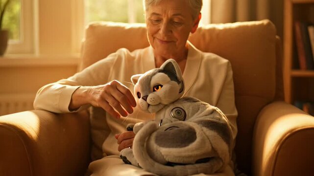 Soft-textured robotic cat companion purring gently on senior owner's lap, nuzzling hand in cozy armchair with warm golden hour sunlight.