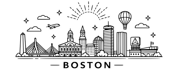 Boston city skyline continuous line drawing. Minimalist vector illustration outline of Massachusetts landmarks. © prettygfx